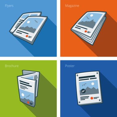 Printouts icon set of flyer, magazine, brochure and poster clipart