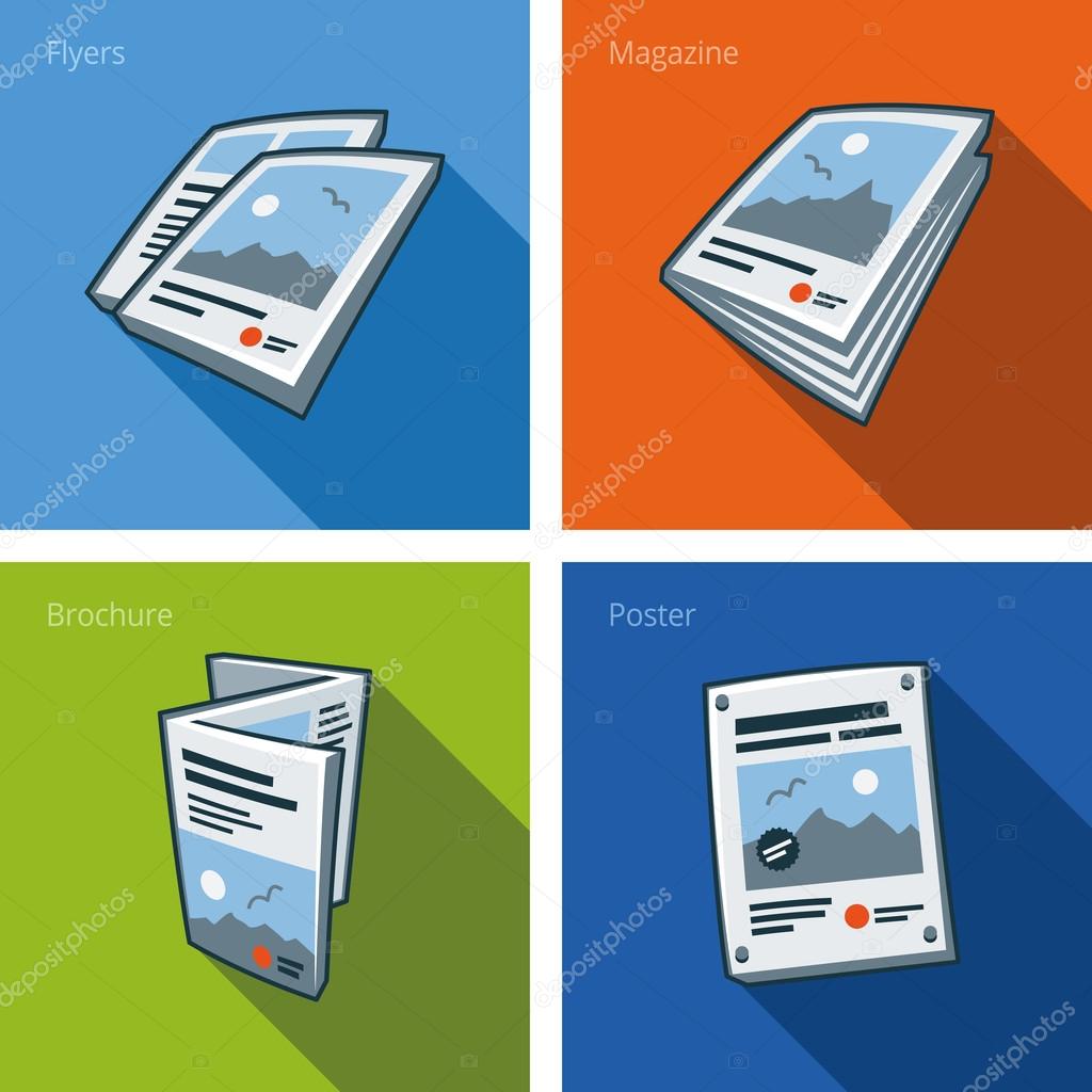 Printouts icon set of flyer, magazine, brochure and poster