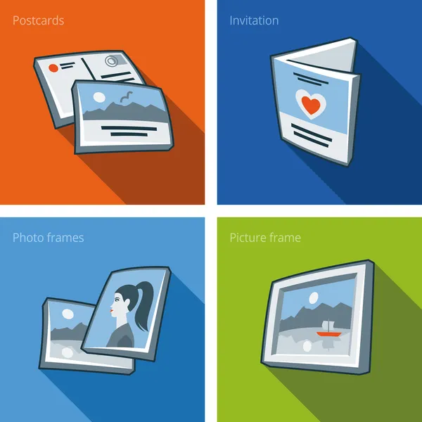 Afdrukken icon set van briefkaart, uitnodiging, fotoframe en pict — Stockvector