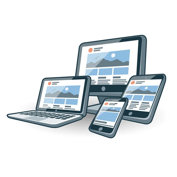 Design de site responsivo em diferentes dispositivos eletrônicos — Vetor de Stock