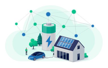 Home virtual battery energy storage with house photovoltaic solar panels on roof and rechargeable li-ion electricity backup. Electric car charging on renewable smart power network grid cloud system. clipart