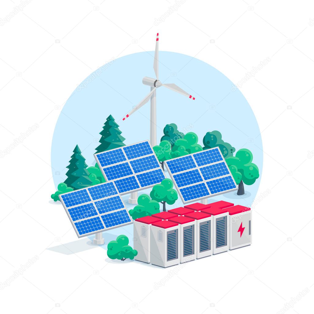 Renewable energy electric power station smart network system. Isolated vector illustration of photovoltaic solar panels, wind turbines and lithium-ion battery energy storage for off-grid backup.