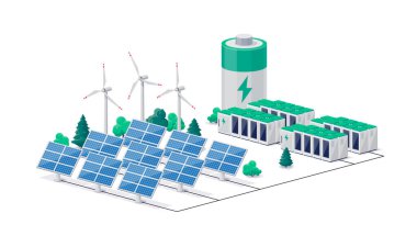 Elektrikli güneş paneli rüzgarı ve li iyon elektrik şebekesi olan akıllı, yenilenebilir yeşil enerji santrali. Temiz sürdürülebilir pil depolama endüstrisi. Beyaz arkaplanda izole vektör illüstrasyonu