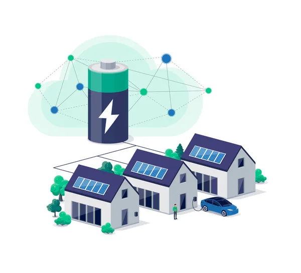 Accueil Centrale Électrique Virtuelle Stockage Énergie Batterie Avec Maison Panneaux — Image vectorielle