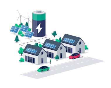 Home virtual renewable sustainable power plant battery energy storage with house photovoltaic solar panels and rechargeable li-ion electricity backup. Electric car charging on smart off-grid system. clipart