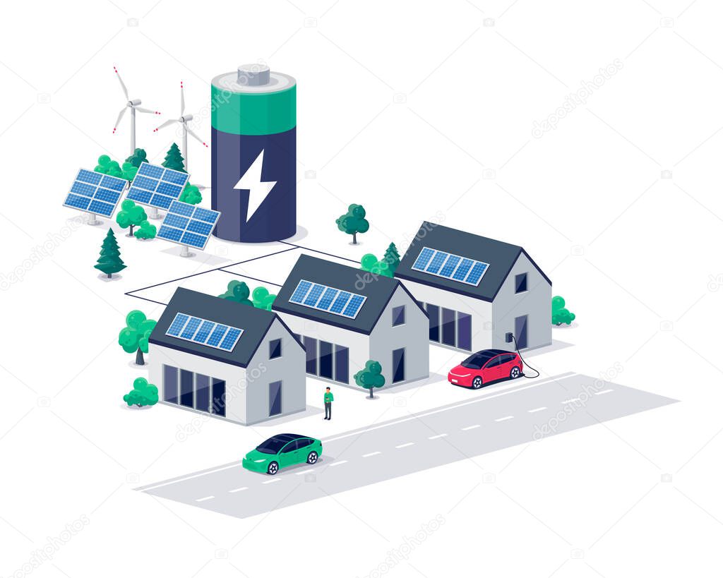 Home virtual renewable sustainable power plant battery energy storage with house photovoltaic solar panels and rechargeable li-ion electricity backup. Electric car charging on smart off-grid system.