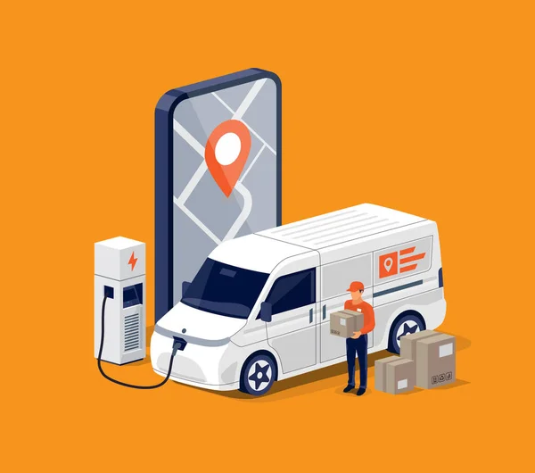 画面上の追跡スマートフォンの携帯電話の地図アプリと高速配信電動バン小包メールサービス 人と貨物運送トラック車両充電ボックスパッケージギフトを保持します 急行貨物供給 — ストックベクタ