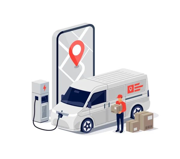 画面上の追跡スマートフォンの携帯電話の地図アプリと高速配信電動バン小包メールサービス 人と貨物運送トラック車両充電ボックスパッケージギフトを保持します 急行貨物供給 — ストックベクタ
