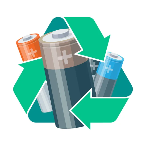 用过的电池圆筒蓄电池 绿色回收符号 3D等距卡通风格 白色上孤立的矢量图解 废弃电气电子设备 Weee概念 — 图库矢量图片