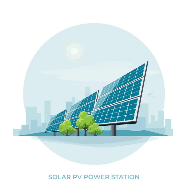 Planta Solar Fotovoltaica Generación Energía Parque Solar Fotovoltaico Sostenible Renovable — Archivo Imágenes Vectoriales