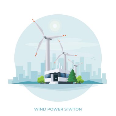 Rüzgar türbinleri elektrik santrali inşa eden fabrika ikonu. Yenilenebilir, sürdürülebilir rüzgar parkı enerji üretimi güneş ve şehrin ufuk çizgisine sahip. Beyaz zemin üzerinde yel değirmeni çiftliğinin izole vektör çizimi.