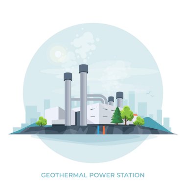Jeotermal temiz enerji santrali fabrikası. Yenilenebilir, sürdürülebilir toprak ısı türbini enerji üretimi sondaj ve şehrin ufuk çizgisi ile. Beyaz arkaplanda izole vektör illüstrasyonu.