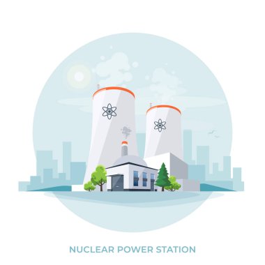 Nükleer reaktör santrali. Soğutma kuleleri ve binaları olan elektirikli radyoaktif fabrika enerji üretimi. Atomik elektrik jeneratörü. Beyaz arkaplanda izole vektör illüstrasyonu.