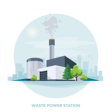 Atık-enerji santrali. Elektrik üretmek için çöpleri yakan tesis. Modern çöp-enerji belediye atık fırını fabrikası üretimi. Beyaz üzerinde izole vektör illüstrasyonu