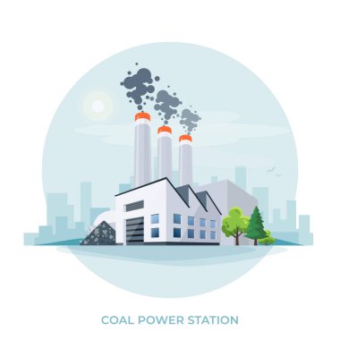 Kömürle çalışan elektrik santrali. Elektrik üretmek ve emisyon üretmek için kömür yakan termik fabrika. Kirli fosil yakıt yanma tesisi. Beyaz arkaplanda izole vektör illüstrasyonu.