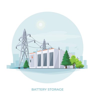 Yüksek voltajlı elektrik dağıtım ızgaraları olan yenilenebilir enerji santrali için şarj edilebilir enerji depolama ünitesi. Beyaz arkaplanda izole vektör illüstrasyonu.
