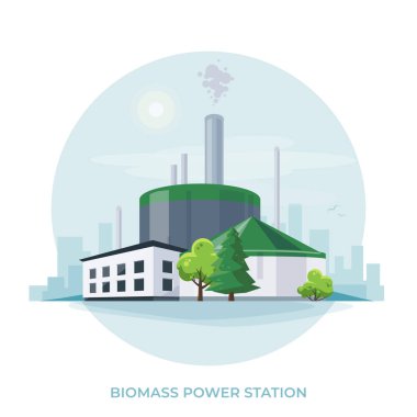 Biyokütle enerji santrali. Elektrik veya ısı üreten biyoyakıt fabrikası enerji üretimi. Organik enerji üreticisi. Beyaz arkaplanda izole vektör illüstrasyonu.