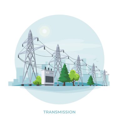 Yüksek voltajlı elektrik dağıtım ızgaraları. Elektrik dağıtım transformatör ağının enerji tedarik eden düz vektör çizimi. Dairesel arkaplanda elektrik hatları.