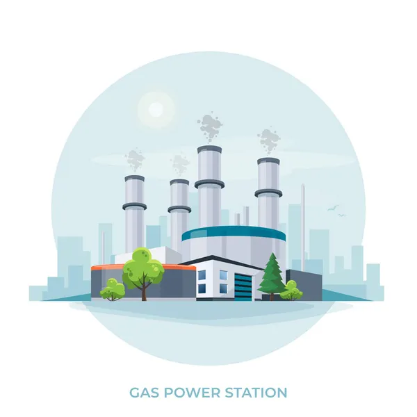 燃气发电厂 燃烧天然气发电和产生排放的燃气热设施 火力发电厂 白色背景上的孤立矢量图解 — 图库矢量图片