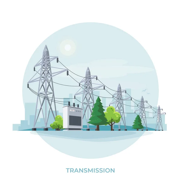 Pylons Rede Distribuição Eletricidade Alta Tensão Ilustração Vetorial Plana Rede —  Vetores de Stock