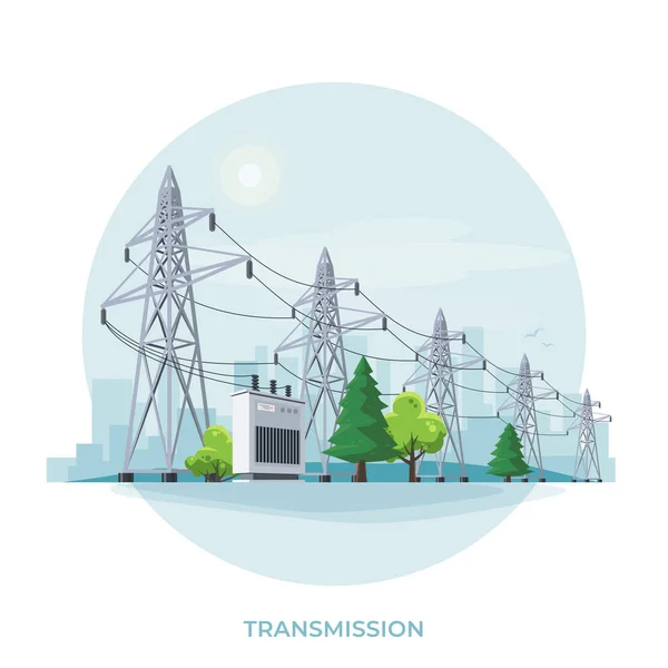 Pylônes Réseau Distribution Électricité Haute Tension Illustration Vectorielle Plate Réseau — Image vectorielle