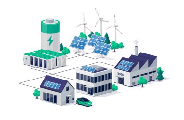 Smart grid virtual battery energy storage network with house office factory buildings, solar panel plant, wind and li-ion electricity backup. Electric car charging on renewable power supply system. clipart