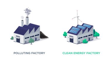Fosil termik santral fabrikasını ve yenilenebilir sürdürülebilir temiz enerji üretimini kirletiyor. Kirli üretim üretimi güneş panellerine ve rüzgar türbinlerine karşı. İzole vektör illüstrasyonu. 