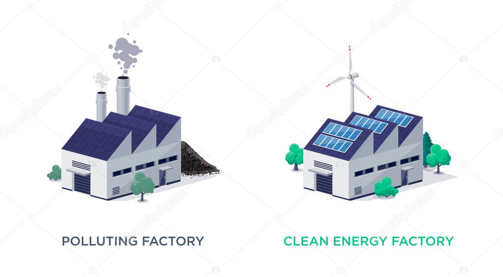 Polluting fossil thermal coal power plant factory and renewable sustainable clean energy manufacture. Dirty manufacturing production vs solar panels and wind turbines. Isolated vector illustration. 