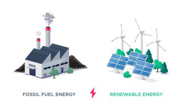 Fosil termik santral üretimini ve yenilenebilir sürdürülebilir enerjiyi kirletiyor. Kirli elektrik üretimi, temiz güneş panellerine ve rüzgar türbinlerine karşı. Beyaz üzerinde izole vektör illüstrasyonu. 