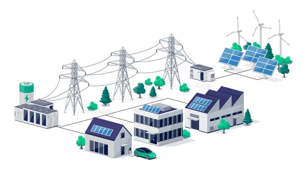 Réseau Virtuel Intelligent Stockage Énergie Batterie Avec Des Bâtiments Usine — Image vectorielle