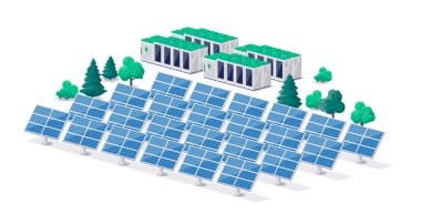 Yenilenebilir güneş fotovoltaik enerji santrali elektrik panelleri hücreleri ile elektrik şebekesi ve pil depolama ünitesi. Temiz sürdürülebilir gelecek enerjisi. İzole vektör illüstrasyonu.
