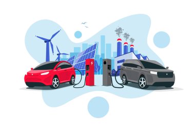 Comparing electric versus gasoline car. Electric car charging at charger vs. diesel vehicle refueling petrol gas station. Renewable clean solar wind energy with old dirty fossil coal power generation.