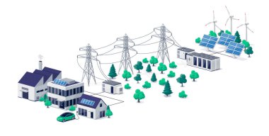 Renewable energy power distribution with house office factory buildings, solar panel plant station, wind and high voltage electricity grid pylons, electric transformer. Smart virtual battery storage.