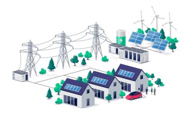 Renewable energy power distribution with family house residence buildings, solar panel plant station, wind and high voltage electricity grid pylons, electric transformer. Smart virtual battery storage clipart