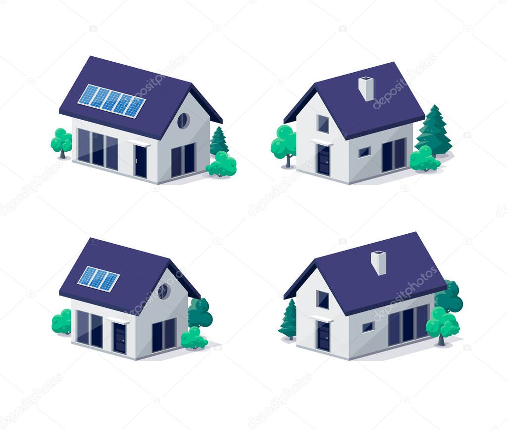 Classic modern family house building icon in 3d view. Residential home property. Contemporary standard suburban village style with gable roof and solar panels. Isolated vector real estate illustration