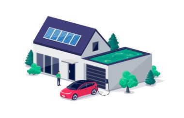 Evin garajında elektrikli araba parkı şarj ediliyor. Yeşil çatı kapısı şarj istasyonu da var. Temiz enerji fotovoltaik güneş panelleri olan bir ev binası. Yenilenebilir akıllı elektrik.
