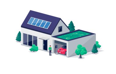 Elektrikli araba parkı ev garajı ve yeşil çatı kapısı şarj istasyonu içinde şarj oluyor. Temiz enerji fotovoltaik güneş panelleri olan bir ev binası. Yenilenebilir akıllı elektrik