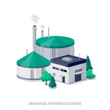 Biyokütle enerji santrali. Elektrik veya ısı üreten biyoyakıt fabrikası enerji üretimi. Organik enerji üreticisi. Beyaz arkaplanda izole vektör illüstrasyonu.