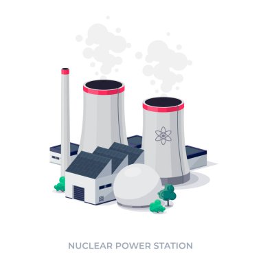 Nükleer reaktör santrali. Soğutma kuleleri ve binaları olan elektirikli radyoaktif fabrika enerji üretimi. Atomik elektrik jeneratörü. Beyaz arkaplanda izole vektör illüstrasyonu.