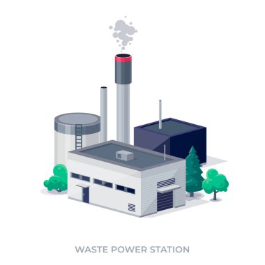 Waste-to-energy power plant station. Facility that combusts garbage to produce electricity. Modern trash-to-energy municipal waste incinerator factory generation. Isolated vector illustration on white clipart
