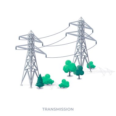 Yüksek voltajlı elektrik dağıtım ızgaraları. Elektrik dağıtım transformatör ağının enerji tedarik eden düz vektör çizimi. Elektrik hatları.