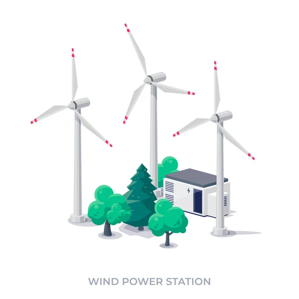 风力涡轮机电站厂房图标 可再生能源可持续风力发电 白背景风车农场的孤立矢量图解 — 图库矢量图片