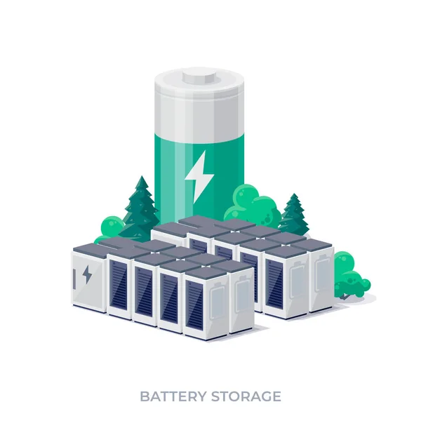 Stockage Énergie Batterie Rechargeable Stationnaire Pour Centrale Électrique Renouvelable Illustration — Image vectorielle