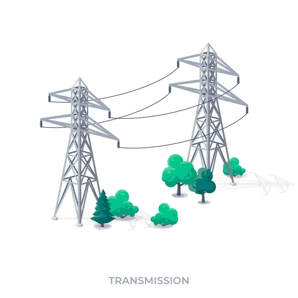 Pylony Sieci Przesyłowej Wysokiego Napięcia Płaska Ilustracja Wektorowa Sieci Elektroenergetycznych — Wektor stockowy