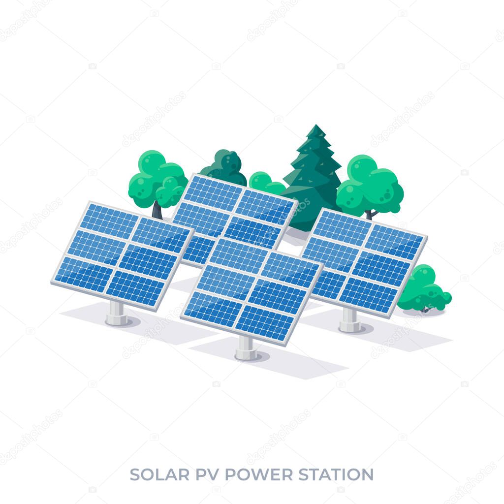 Solar PV panel power plant station. Renewable sustainable photovoltaic solar park energy generation. Isolated vector illustration on white background.