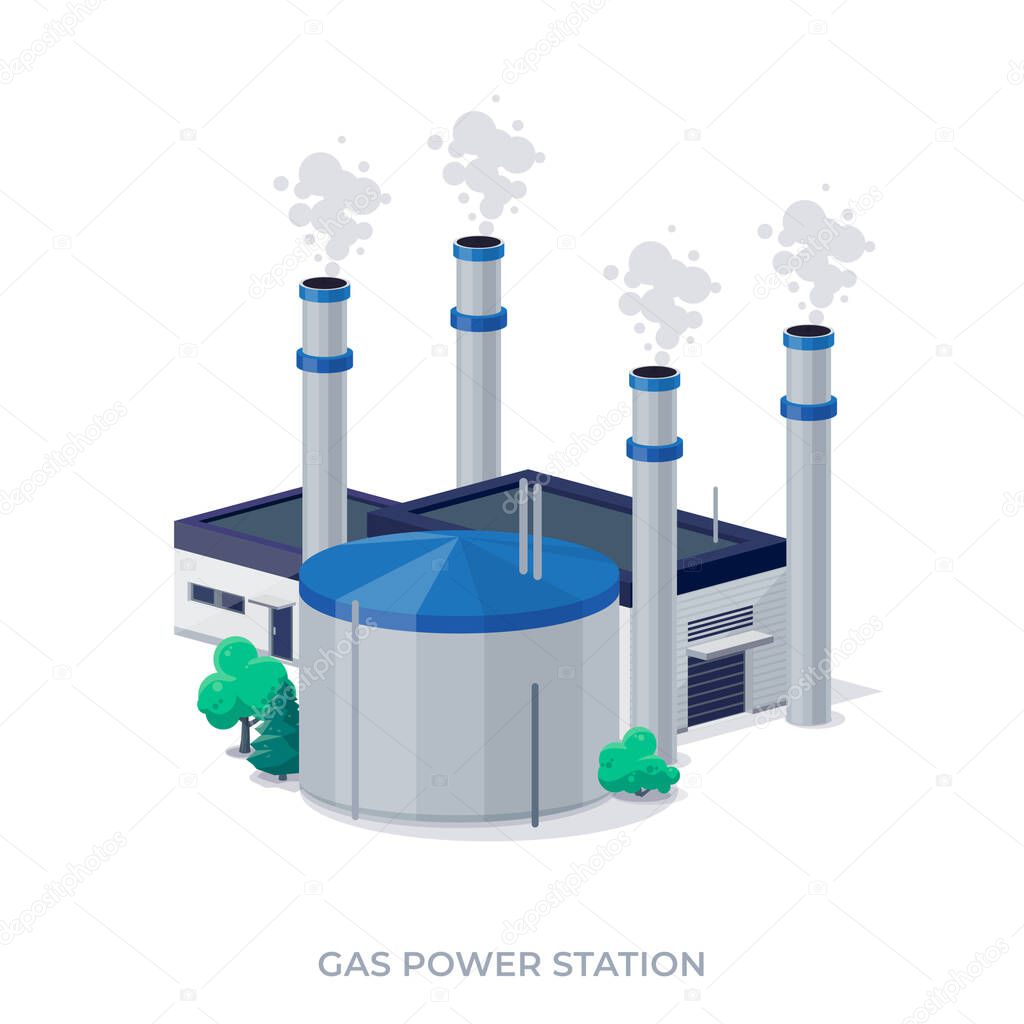 Gas power plant station. Gas-fired thermal facility that burns natural gas to generate electricity and produce emissions. Cogeneration fossil factory. Isolated vector illustration on white background.