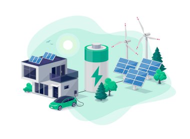 Modern ev fotovoltaik güneş panelleri fabrikası, rüzgar ve şarj edilebilir Li-ion elektrik yedeklemesi olan ev yapımı sanal batarya enerji deposu. Elektrikli araba yenilenebilir akıllı güç şebekesi dışında şarj ediliyor.