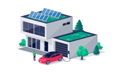 Elektrikli araba parkı ev garajı ve yeşil çatı kapısı şarj istasyonu içinde şarj oluyor. Temiz enerji fotovoltaik güneş panelleri olan modern bir aile evi. Yenilenebilir akıllı elektrik.