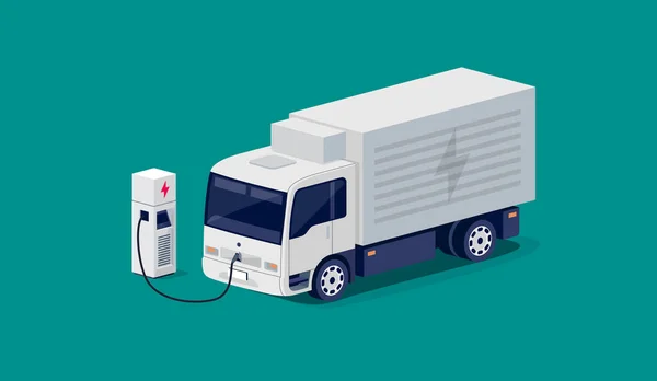 Isometrische Witte Elektrische City Box Rechte Vrachtwagen Opladen Parkeren Bij — Stockvector