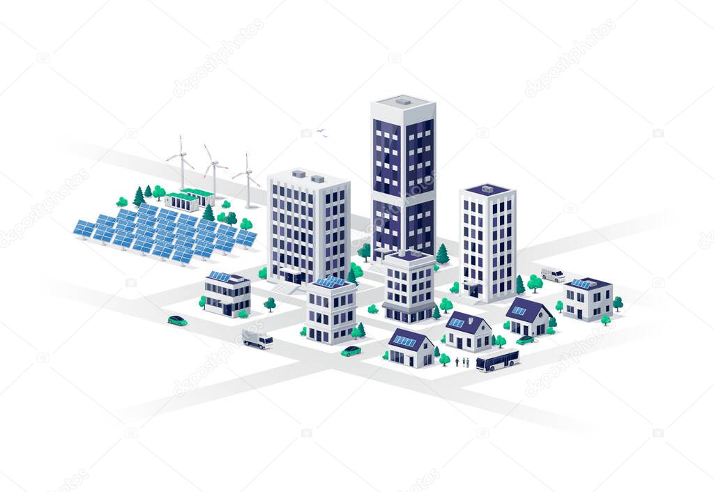 Smart sustainable modern eco city with commercial residential buildings and renewable solar wind power plant with battery energy storage. Family houses, work offices and business center skyscrapers.